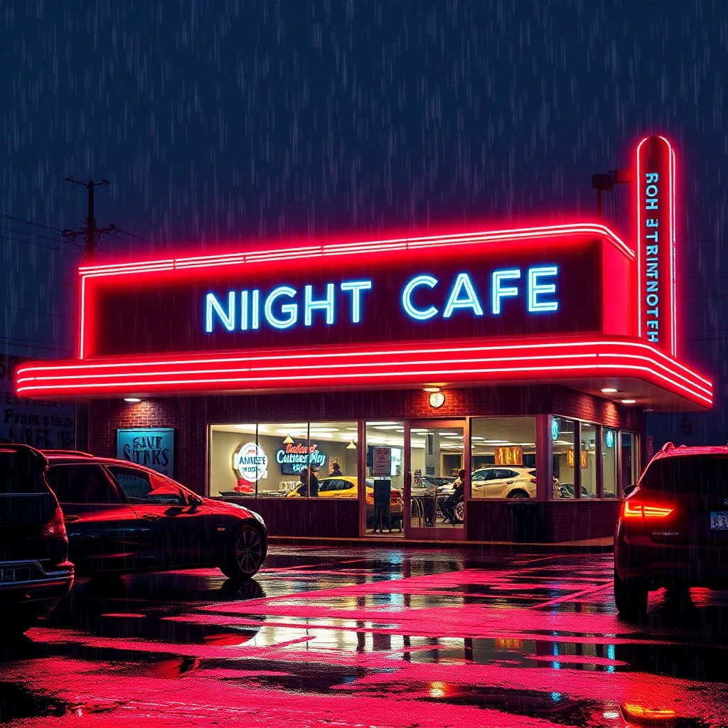 captivating high-resolution image of glowing neon diner sign reading "NIGHT CAFE," vibrant UV-reactive neon colors on a rainy night. The bright red neon track lighting wraps around the roof, creating a mesmerizing glow. Bustling parking lot is full. puddles reflecting the dazzling neon lights. HD, mind-bending artistic photography. rendered in stunning high resolution