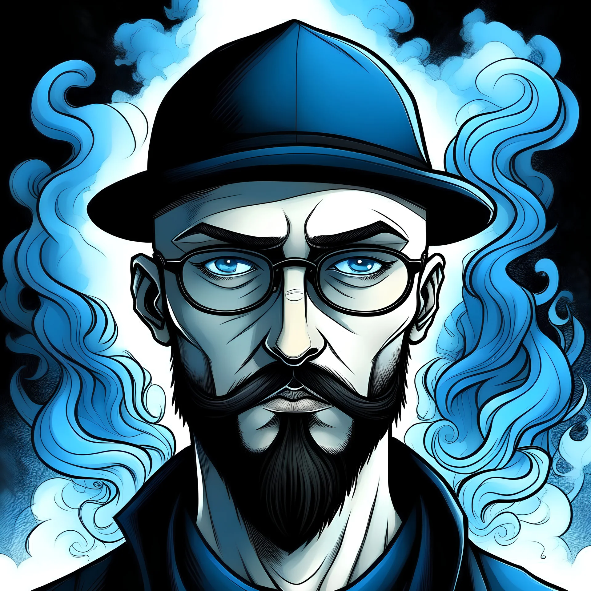 styl komiksowy, łysy chłopak z ciemną brodą i niebieskimi oczami i okularami i z czarnym kapeluszem na głowie młody dorosły. W tle czarno niebieski dym.