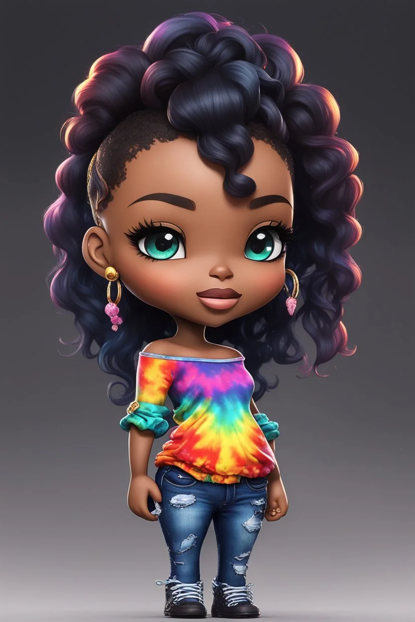 create a colorful abstract digital art image 8k of a chibi curvy black female wearing torn jeans pants and a black-tie dye off the shoulder blouse. Prominent make up with hazel eyes. Highly detailed long wavy sleek ponytail