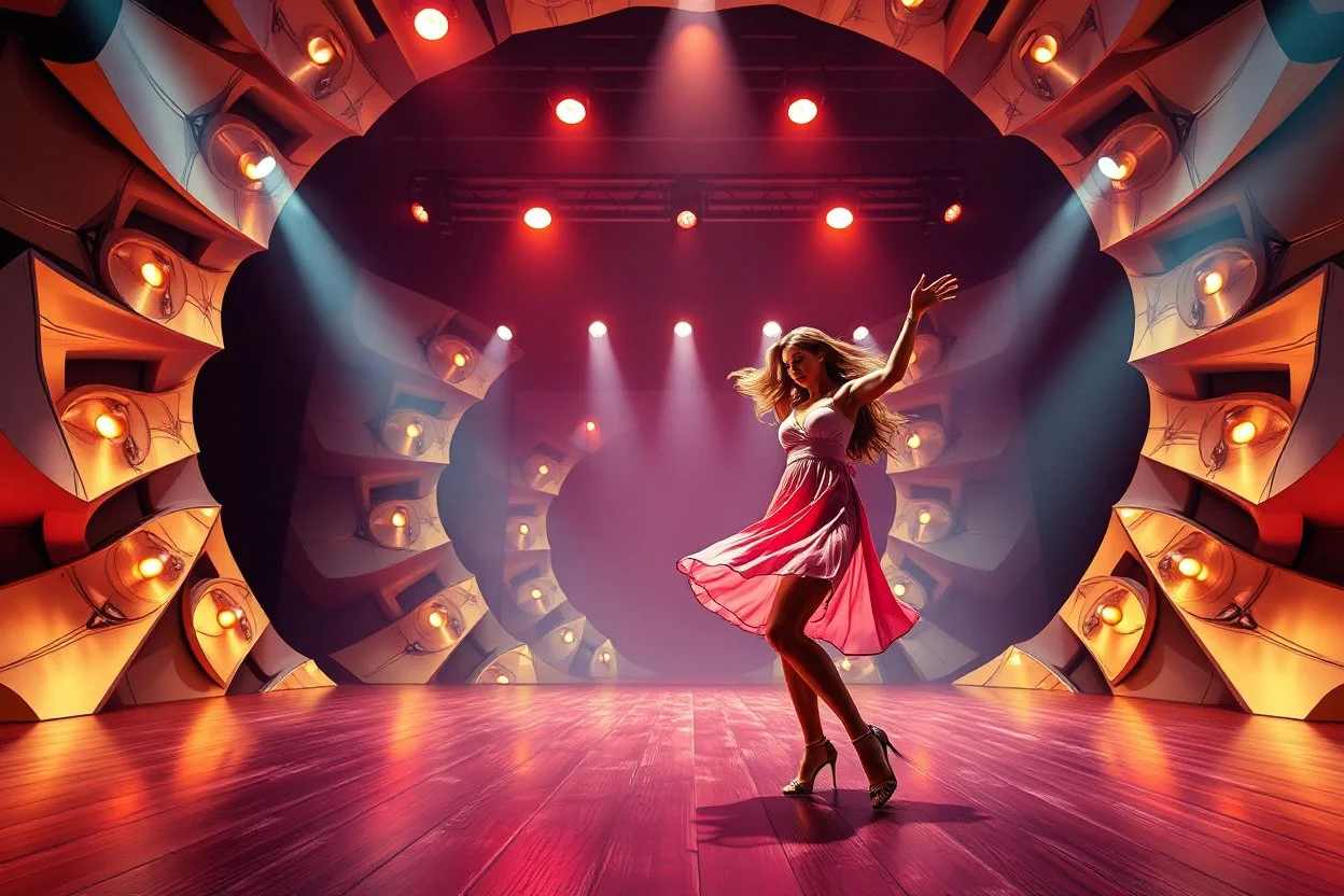 A 3D recursive fractal modern stage with a pretty lady in modern clothing dancing ,closeup shot,stage at low light but lady in good lighting