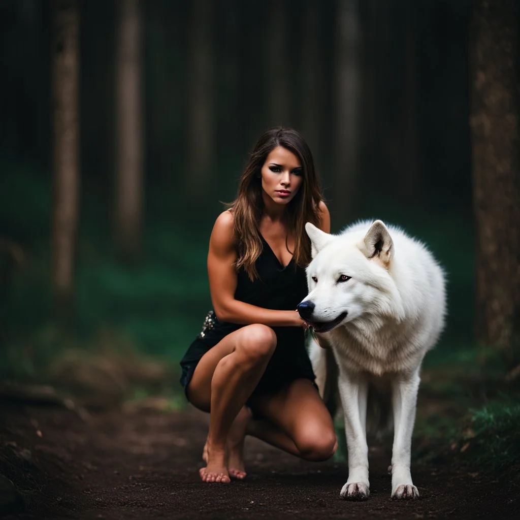 Beautiful young woman kneeling in front of a large white alpha wolf