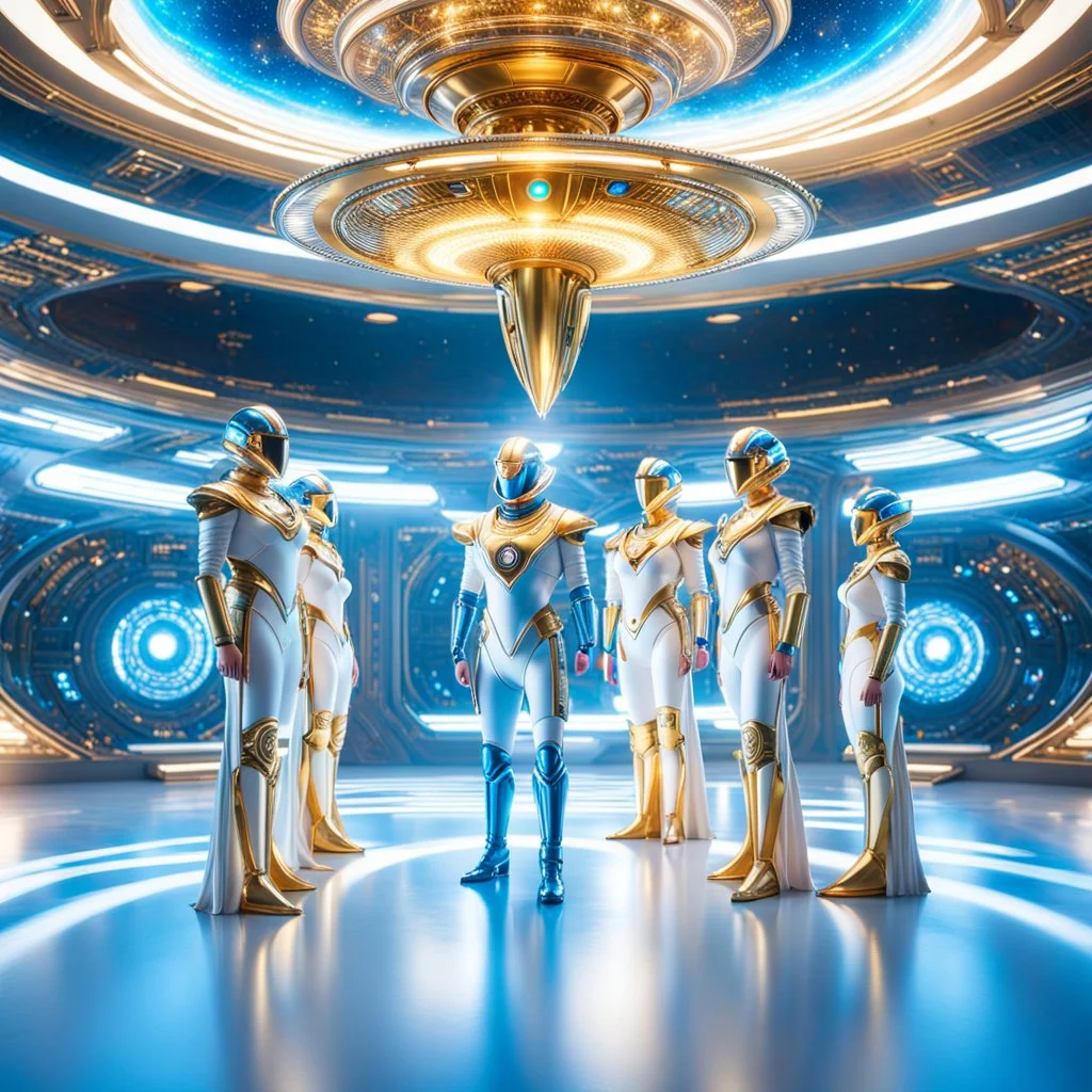 (masterpiece, best quality, 8k, RAW photo, beautiful and aesthetic:1.2), complex detail, Indirect light, photorealistic, (((full body))), Meeting of a group of Cosmic gods smiling, Mixed, sci-fi, spiritual and cyborg outfit with golden futuristic artifacts, white, blue and silver elements- Inside a great room of a flying saucer with a round hublot showing a galactic sunset