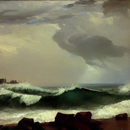 Frank Duveneck, painting, ocean, waves, lightning bolts, photo realistic, 8k, storm, blizzard, hurricane