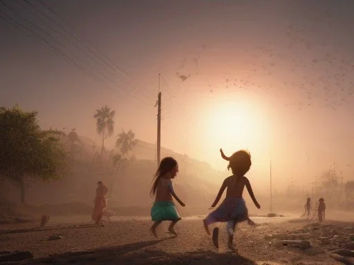 children playing on the Indian street capture them against the sun and make an art silhouette, hyper details, real sharp, 8k, well detailed