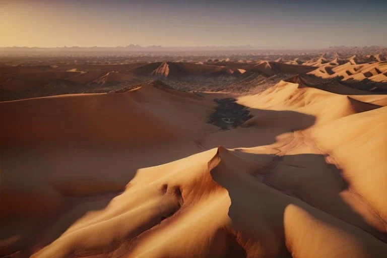 Extreme long shot, Birds Eye view, Arabic desert skyline, smooth, god rays, unreal engine 5, ray tracing, RTX, lumen lighting, ultra detail, volumetric lighting