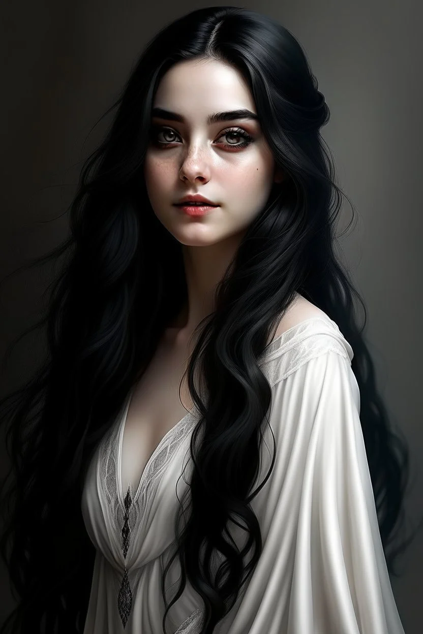 a 16 year old woman, white skin, long wawy black hair, beautiful face, black eyes, in a white dress, realistic epic fantasy style