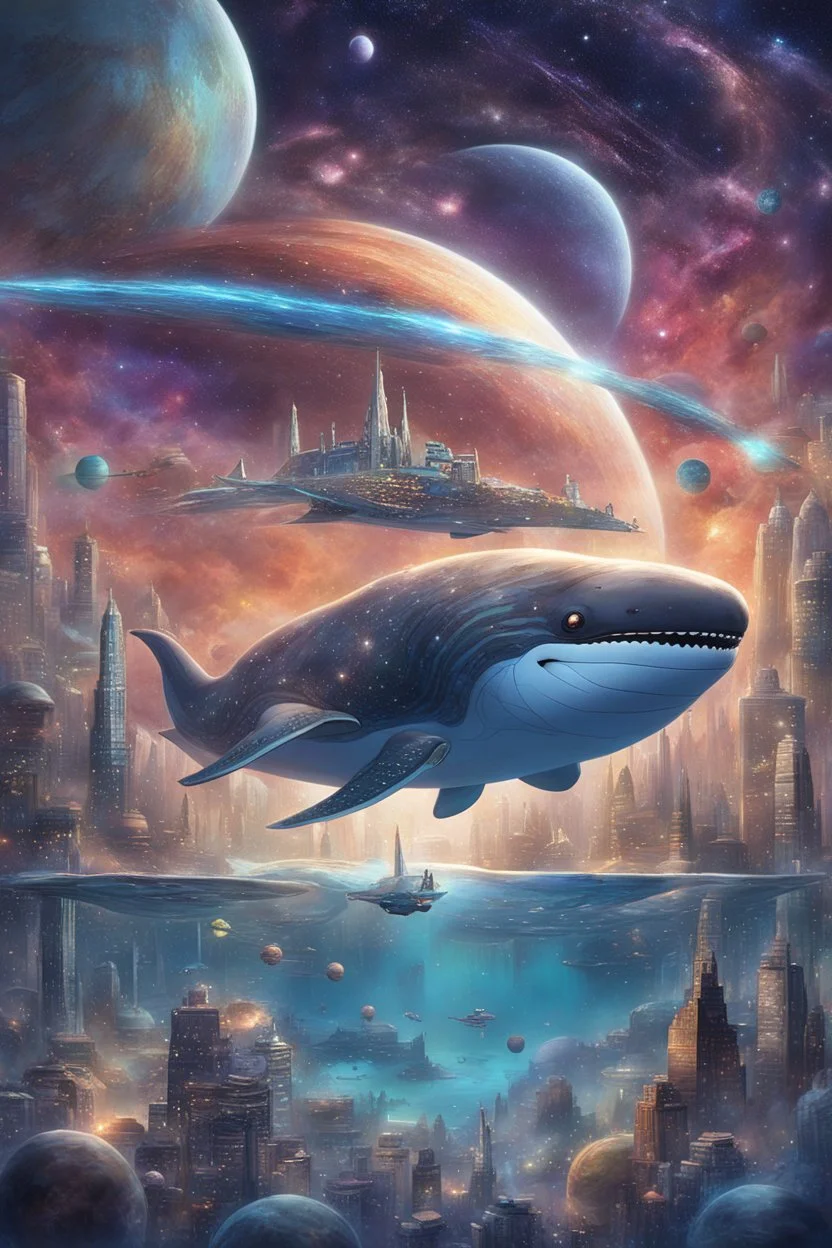 The city of the future is on the back of a decorated celestial whale swimming in space full of stars, planets, and the otherworldly world.