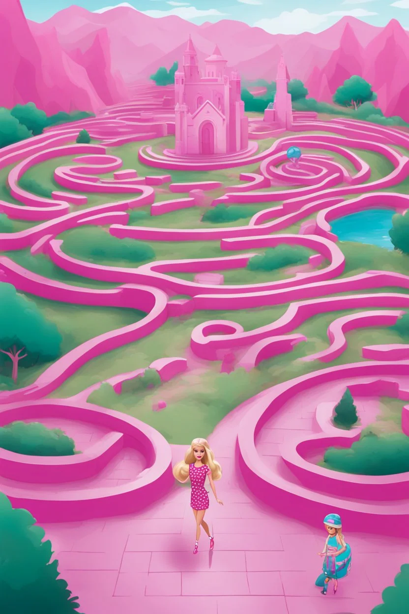 Barbie-themed maze for kids, featuring vibrant pink colors, Barbie's iconic elements, and an engaging, fun-filled path