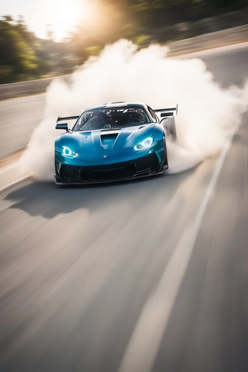 Facing front Sports car drifting around a corner, motion blur, narrow depth of field, lens flare, dynamic angle, asphalt spray, high octane energy