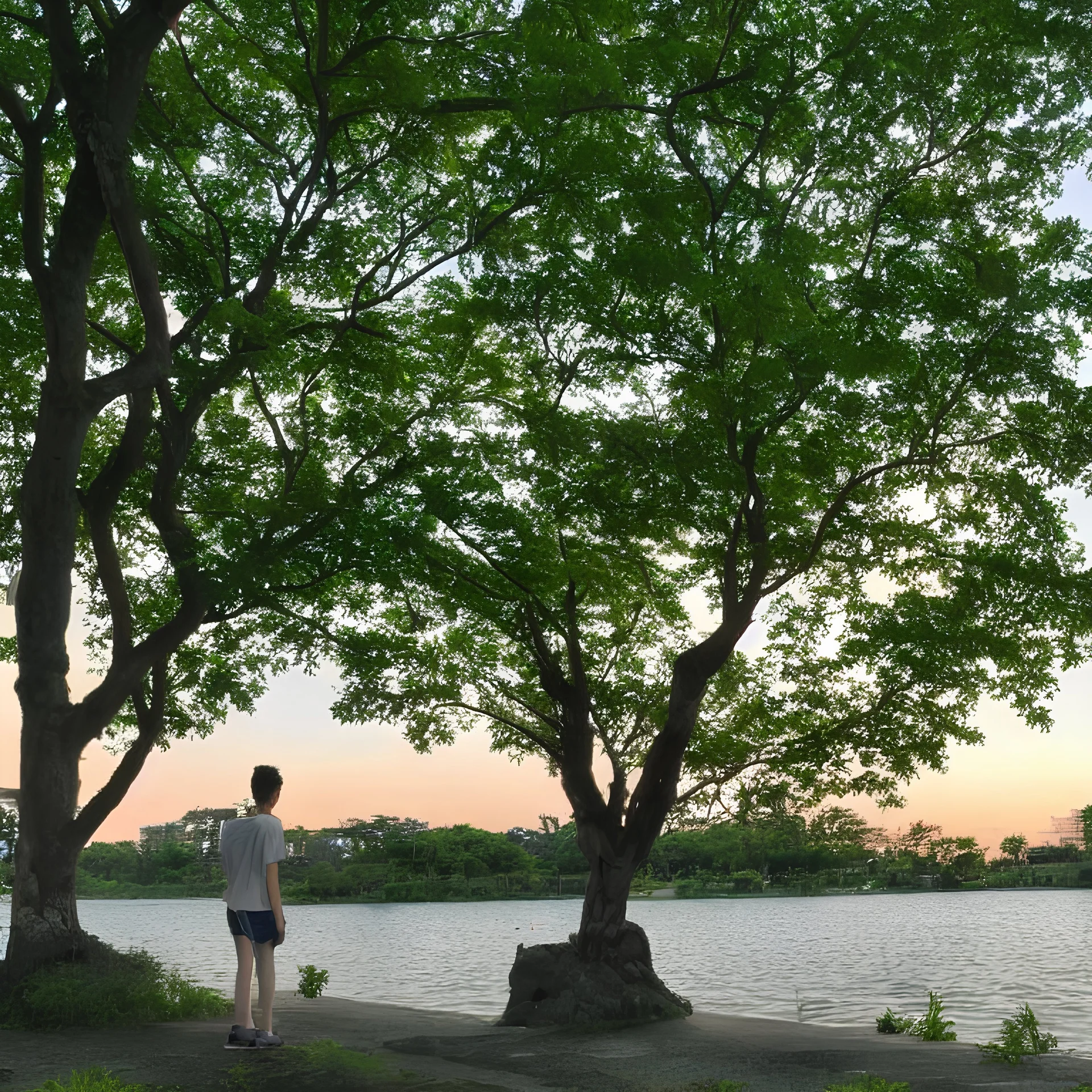 In the anime, a young male character is near the green lake in the sunset afternoon.