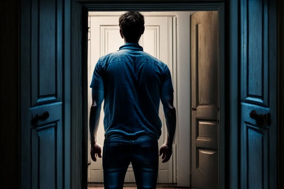 man in jeans and a shirt, back to the camera, standing in a row of doors, looking out through a doorway