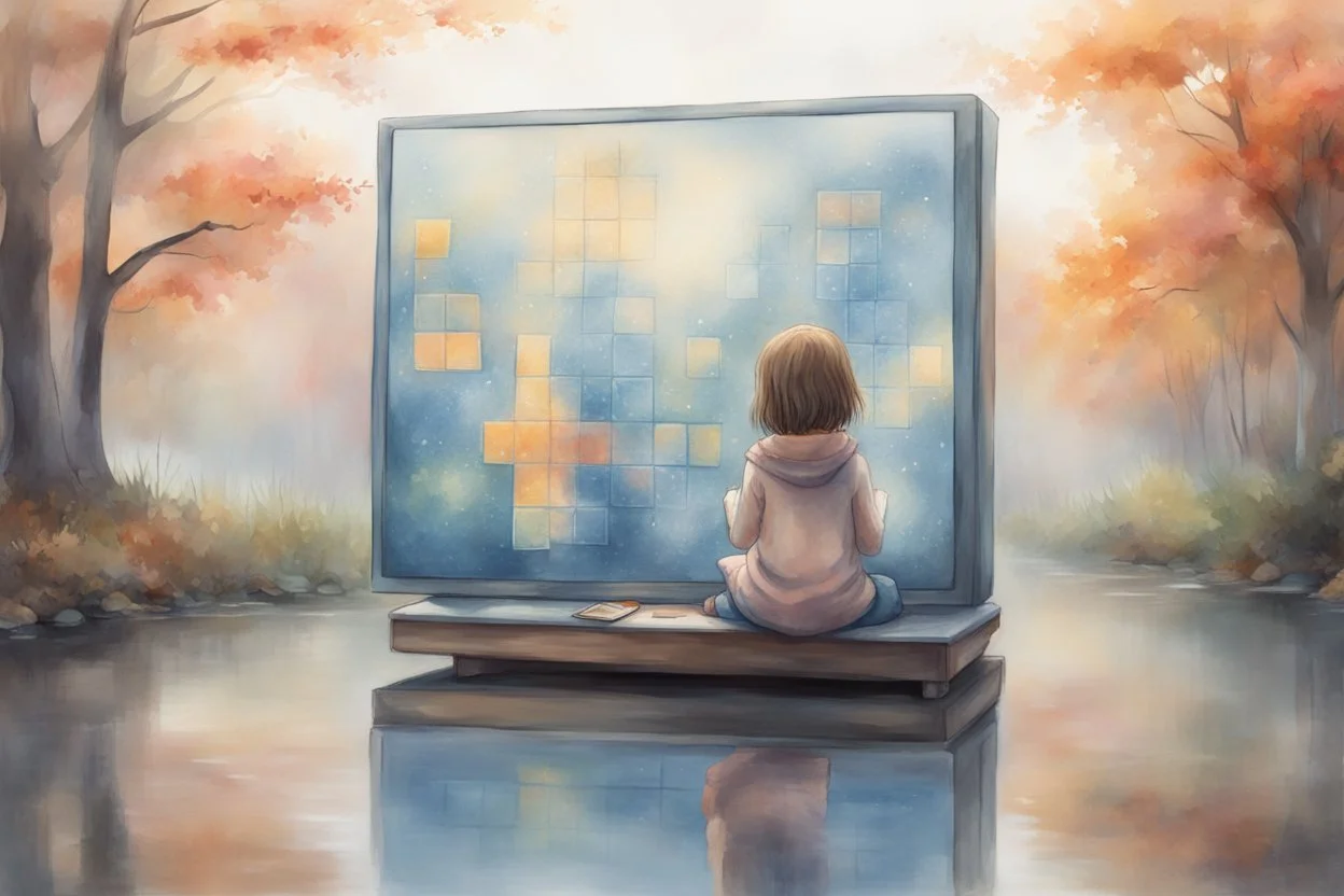 a cute chibi girl is sitting with her back to us, we see her playing tetris on a big screen, in van gogh style in on a misty morning. over a misty pond in the hieght of fall. Watercolour by Alison Brady. Pastel colours S<AI in sunshine, ethereal, otherwordly, cinematic postprocessing