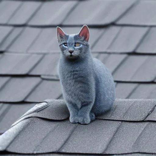 small blue cat with hairy eyes chewing gum on the rooftop