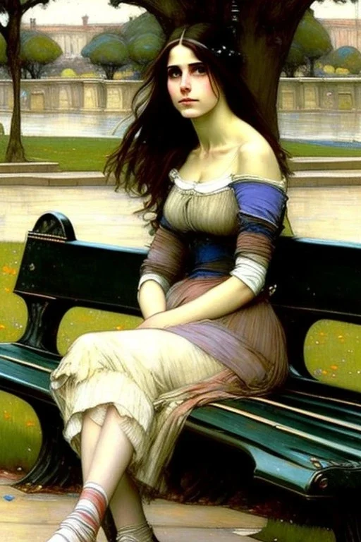 Woman sitting on a park bench John William Waterhouse