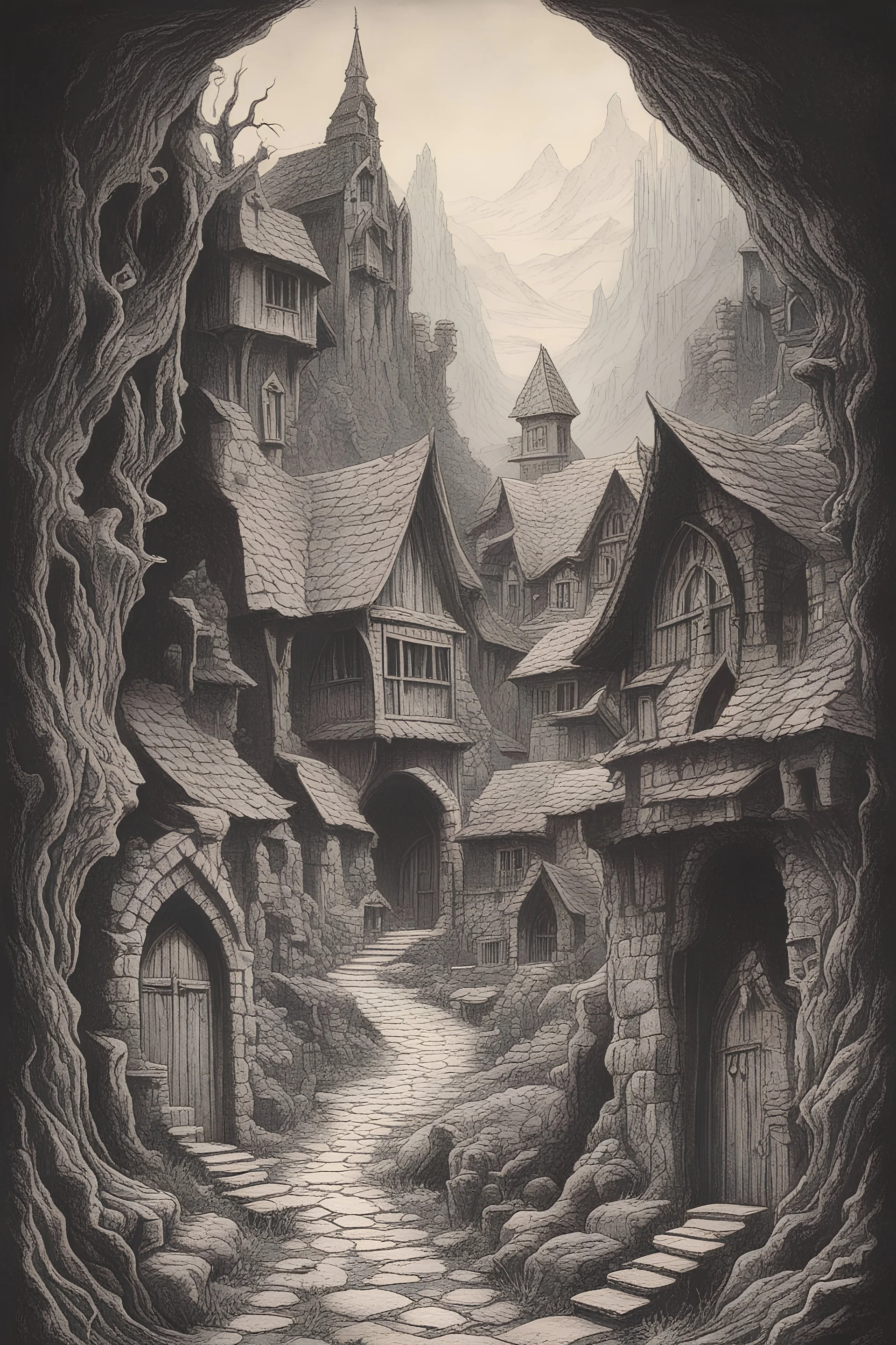 1970 dark fantasy book cover paper art dungeons and dragons style drawing of old village