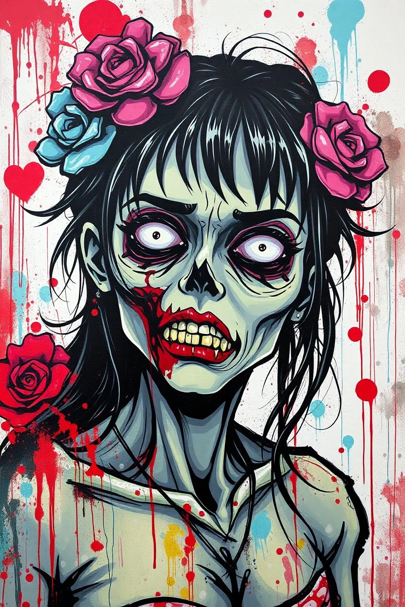 graffiti art of cartoon zombie girl , elaborate acrylic spray paint by Yoji shinkawa + nick Edwards style with bold brushstrokes, romantic, vibrant saturated natural color