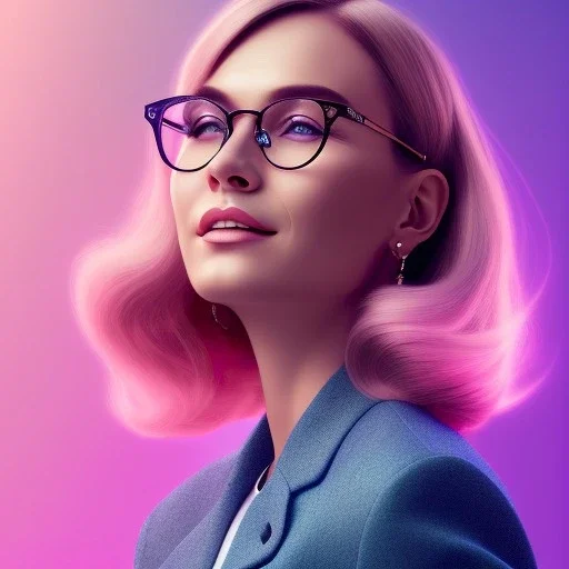 A portrait very beautiful woman ,smiling, glasses, longs hairs, atmospheric, realistic, cinematic lighting, pink blue light, 8k, galactic atmosphere,