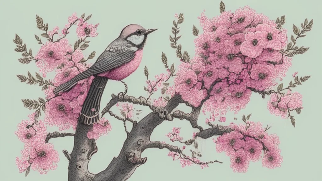A bird drawing in a tree with a lot of pink flowers.