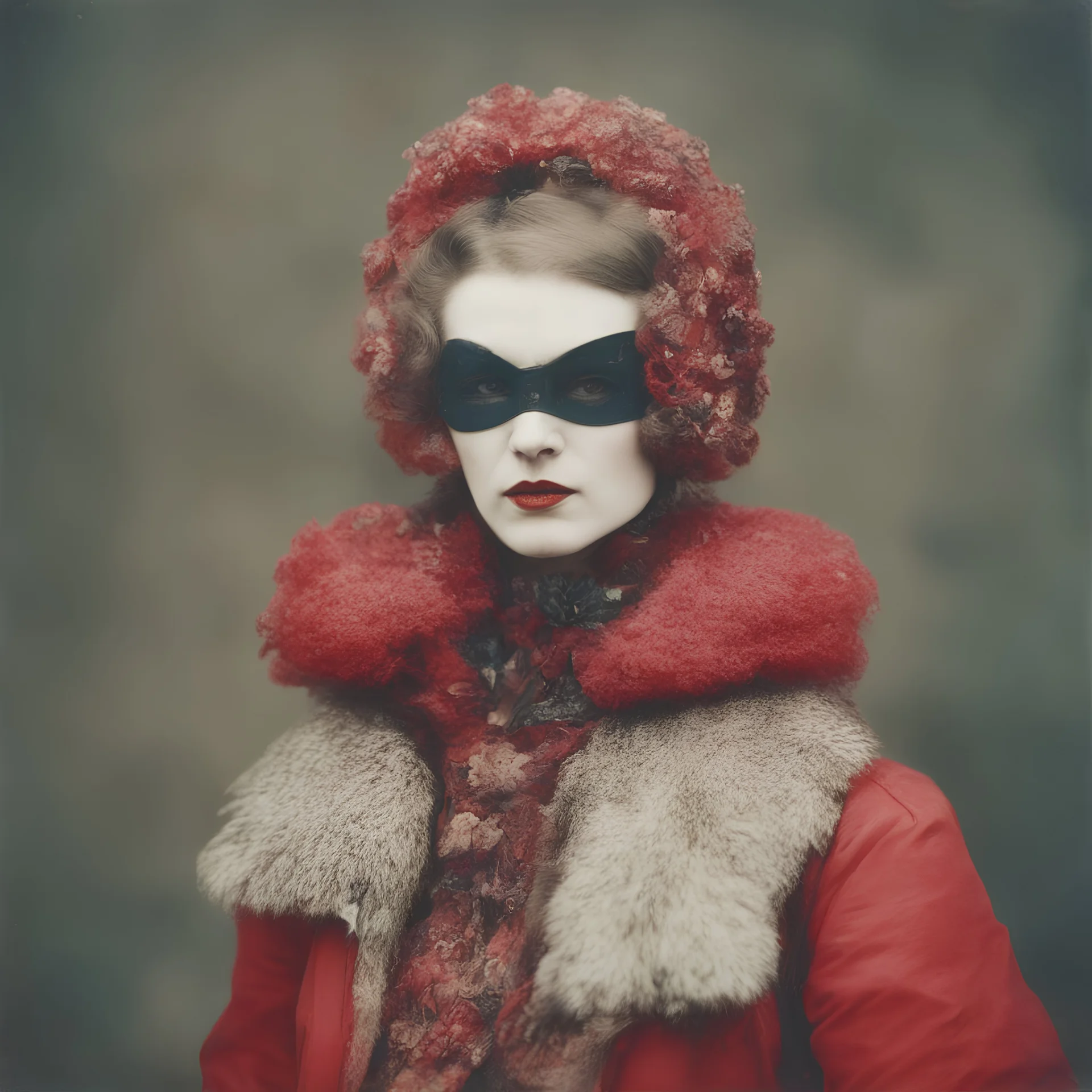 Countess da Castiglione,with a mask,, red, autochrome, plastic puffy jacket