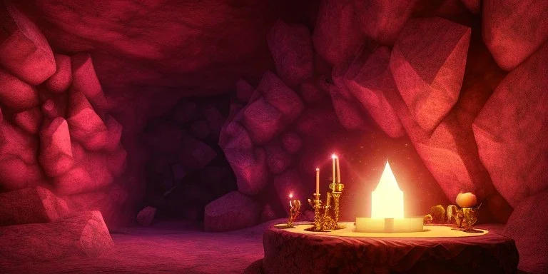 single pink crystal, on an altar in a foggy cave, cinematic,