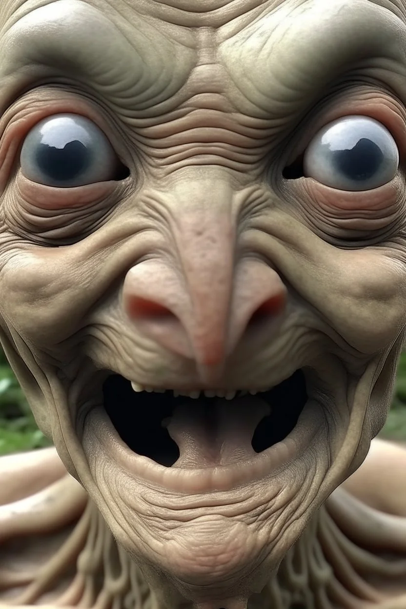 Organic with a biological mad skin texture of an alien face an animal look without nose and big black eyes and without ears