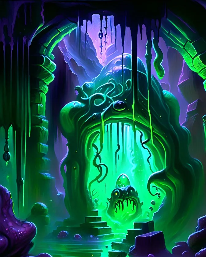 a slimy dripping gelatinous cube in vast cavern room with iron gates art painterly