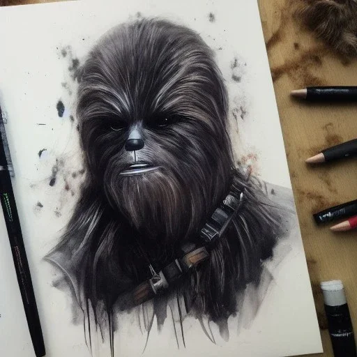 photorealistic and intricate portrait of chewbacca in star wars by Agnes Cecile, wearing beskar armor, deep dark colors, hyperdetailed, 32K, oil on canvas,