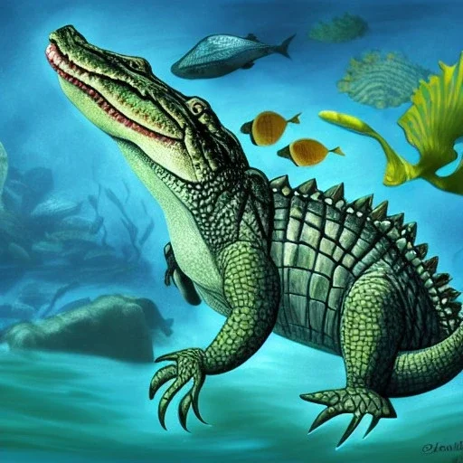 beautiful, stunning paleoart of alligator with fins for legs and fishtail deep underwater, coral reefs, plants, in the style of eleanor kish, davide bonadonna, julius csotony, fabio pastor, wide field of view, Masosaurus, photorealistic, illustrative, digital art, 8k resolution, detailed matte, painting, artwork, deviantart