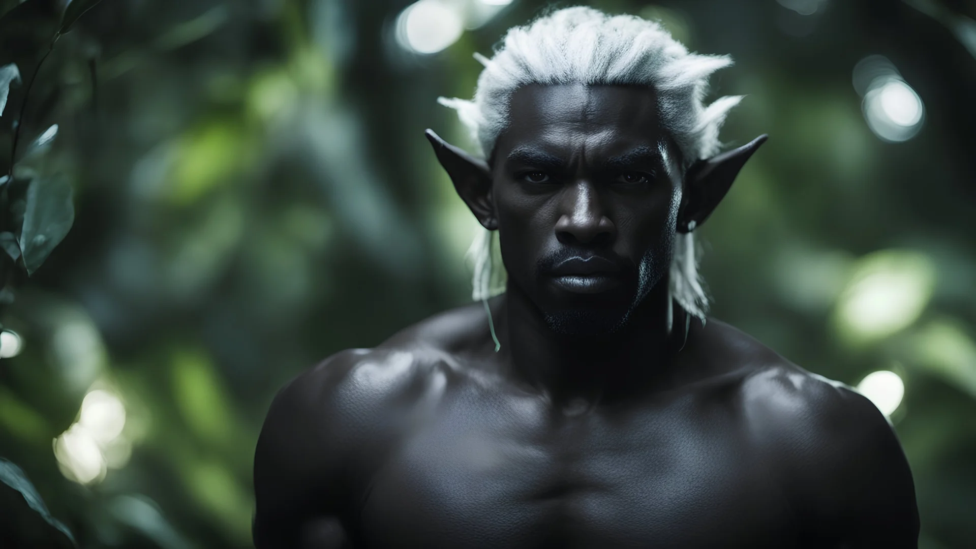 Photoreal angry menacing dark masculine muscled drow elf with black skin and white hair behind foliage made from neon lights in extreme darkness by lee jeffries, otherworldy creature in the style of fantasy movies, photorealistic, shot on Hasselblad h6d-400c, zeiss prime lens, bokeh like f/0.8, tilt-shift lens 8k, high detail, smooth render, unreal engine 5, cinema 4d, HDR, dust effect, vivid colors