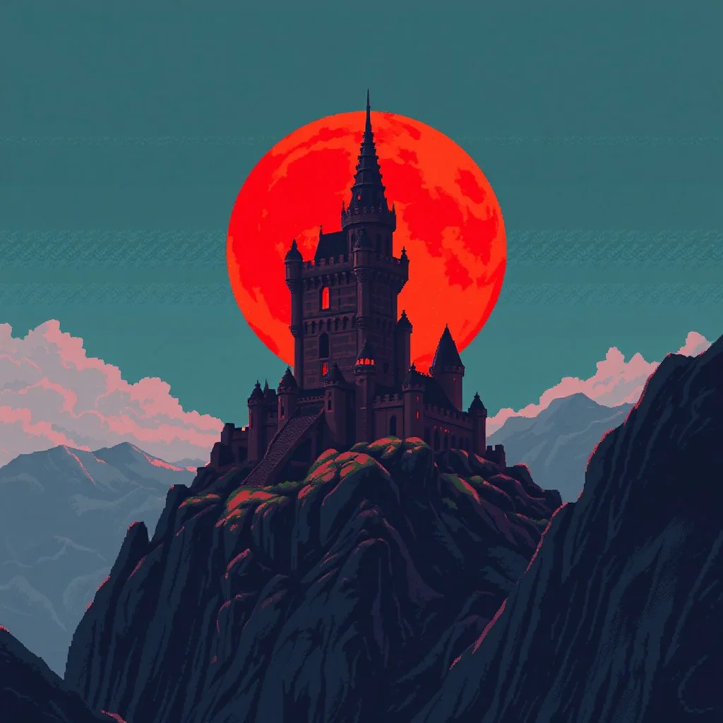 8 bit pixelart a towering castle perched atop windswept cliffs, its jagged stone figure bathed in the cinematic crimson glow of a giant, imposing red harvest moon.