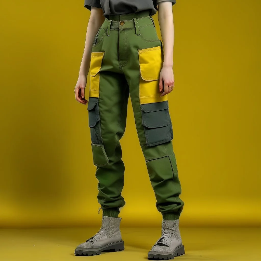 Women model catwalk wearing cargo jeans with patch with twill armor jellow and green