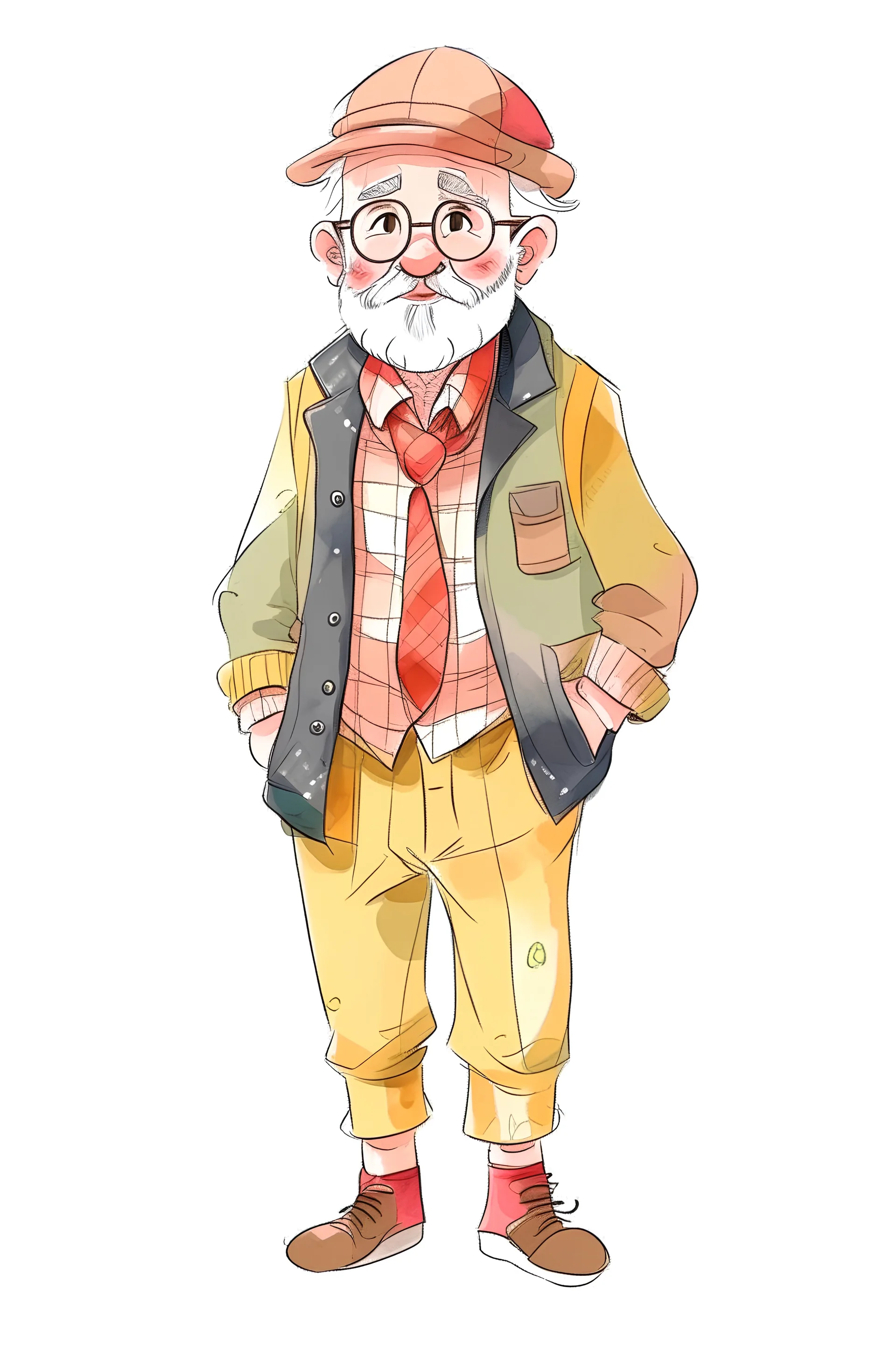 An old man wearing children's clothes