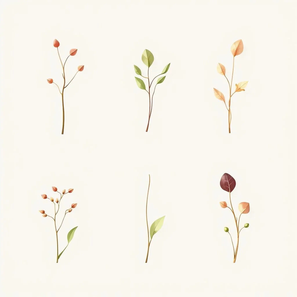 concept art of six low poly stylized alien dry single leaf plant on a neutral background. Strange fictional extraterrestrial flora with unusual shapes