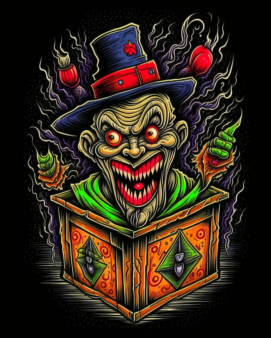 Scary Jack in the box tattoo design, traditional tattoo style, t-shirt design, fantasy art, digital painting, clean dark background, 8K