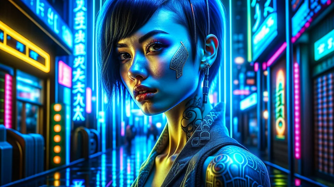 "captivating ultra-futuristic cyberpunk portrait of a young lady, chrome and holographic fashion, neon-lit Tokyo street backdrop, intricate tattoos, LED-lit clear umbrella, dynamic composition, AI-generated style of Josan Gonzalez and Masamune Shirow, hyper-detailed, with vivid colors and moody atmospheric lighting, high-resolution, cinematic lens flare, sharp focus, –ar 3:4 –v 5 –q 2 –upbeta"