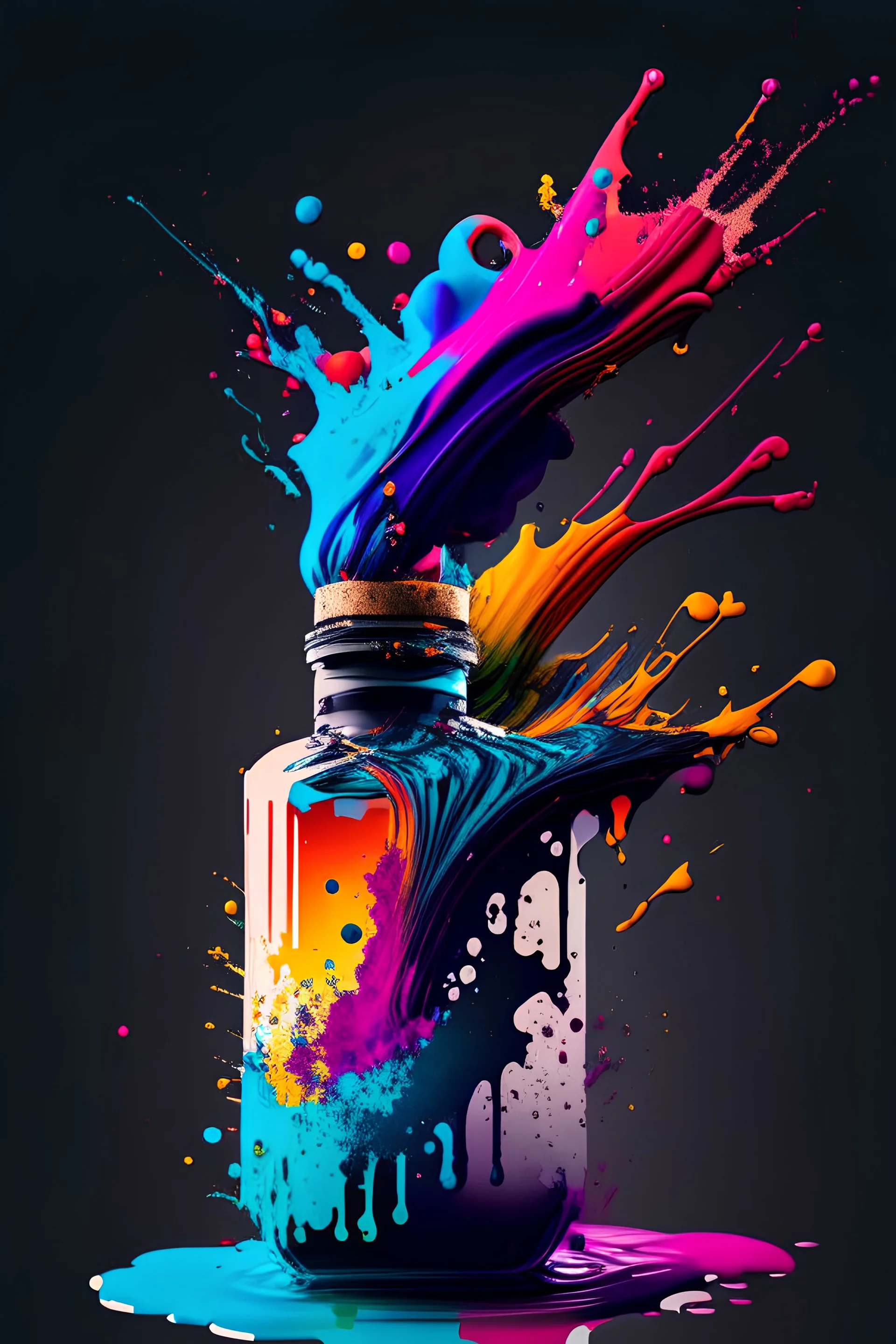 vector art ready to print highly detailed illustration of a ink bottle splashing a colorfull ink, 4k, highly detail, ultra realistic, cinematic lighting, 8k, vivid, colorfull lighting, surreal photography, portrait