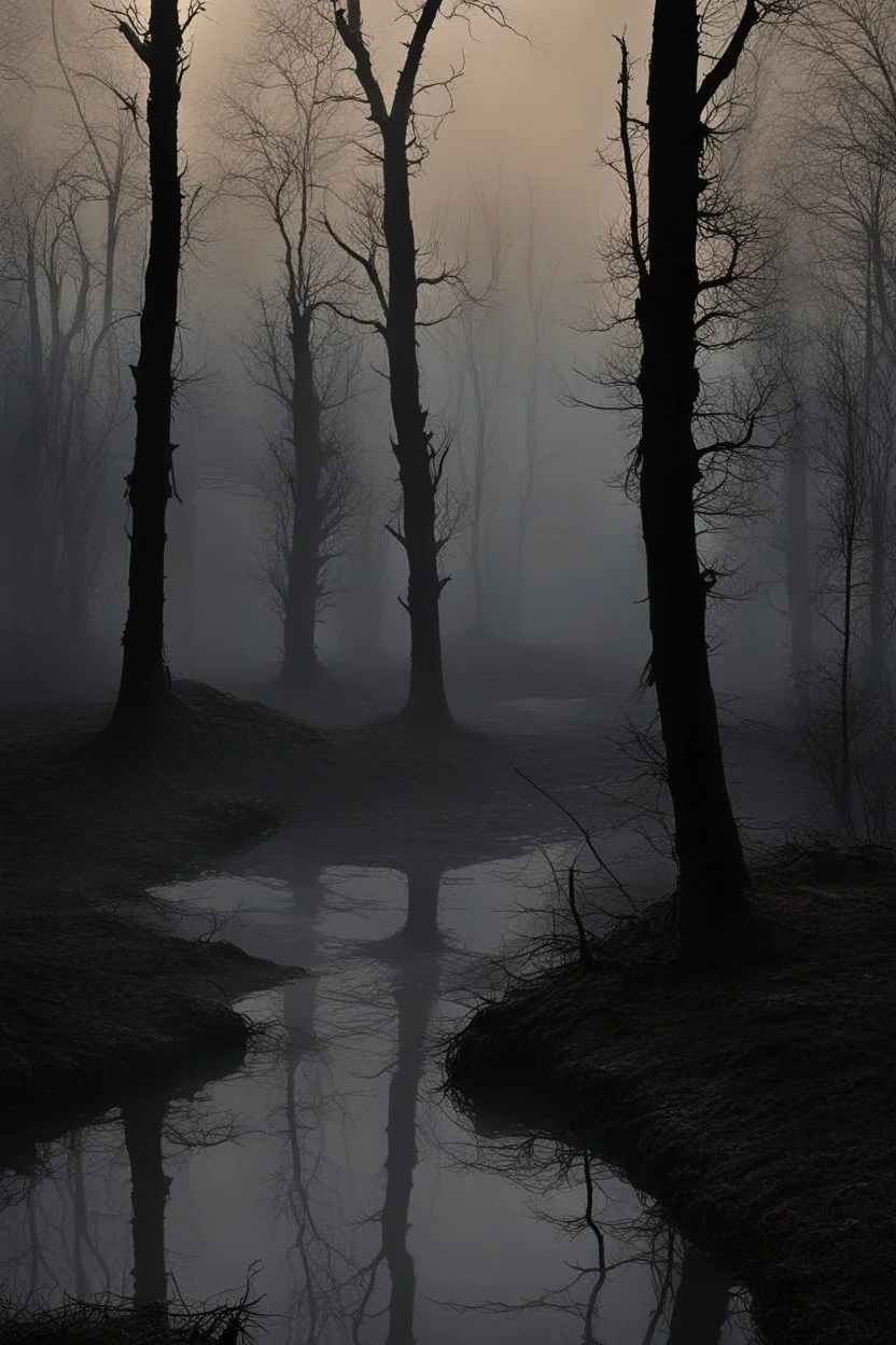 Darkness fell as they entered the looming marshes. Mist curled around twisted trees like spectral fingers. Alex shivered, every cracked branch an impending threat. A piercing cry shattered the eerie quiet. They raced toward the sound, emerging in a small clearing. There, suspended above a foggy pool, hung Mikołaj - tiny fists beating futilely against thin air. Below, hulking Spas clawed his way from the water, face twisted in hunger. But Alex saw only her prey: the demon who tormented her mother