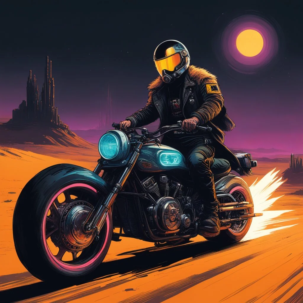 [speedy sci-fi concept design by Dorohedoro] Jesus Christ rides a flashy cyberpunk style motorcycle with big engine and lights in the dark, across the desert