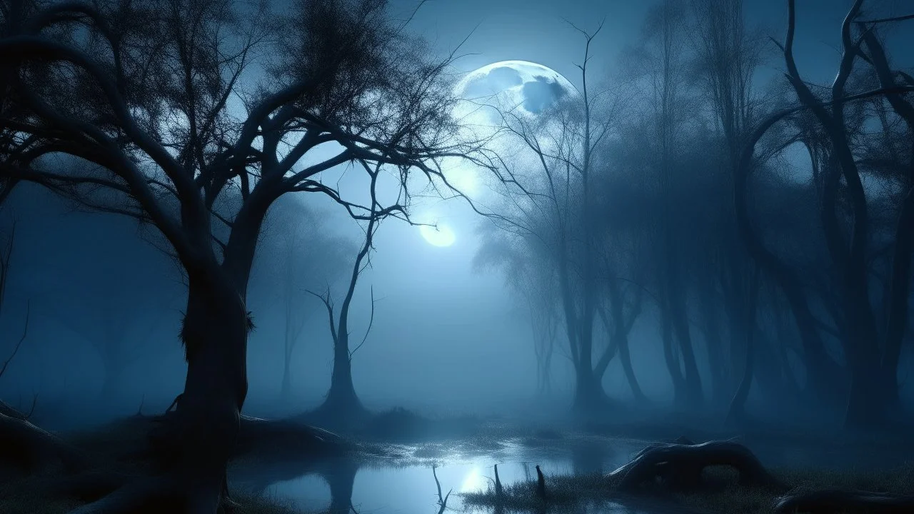 Un bosque antiguo durante una noche de luna llena, con enormes árboles retorcidos elevándose sobre un terreno cubierto de niebla. Entre los troncos aparece un pequeño estanque negro que refleja la luna y una solitaria construcción de piedra apenas iluminada en la distancia. Paisaje nocturno atmosférico, realismo pictórico, siluetas arbóreas muy definidas, contrastes entre oscuridad profunda y luz lunar, azules, grises y negros, reflejos húmedos, niebla delicada, composición silenciosa y misterio