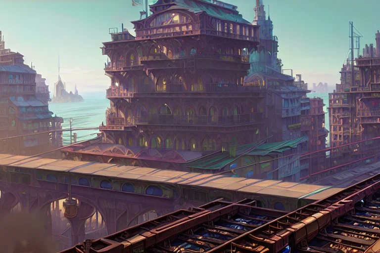 close up train+Elevated train+corner building+Italian sea village +alphonse mucha, greg rutkowski,matte painting, cryengine, hyper detailed, felix kelly, fantasy art, seb mckinnon