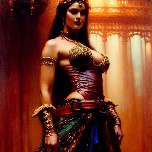 Drawing of beautiful face busty tavern wench,sweet stare,ancient leather armor, balanciaga fashion clothe painting by gaston bussiere, greg rutkowski, yoji shinkawa, yoshitaka amano, tsutomu nihei, donato giancola, tim hildebrandt, oil on canvas, cinematic composition, extreme detail,fit full head inside picture,16k