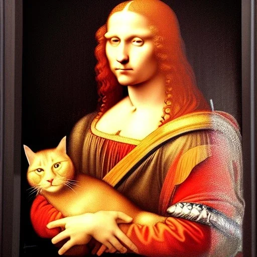 leonardo da vinci portrait of donald trump as a king, beautiful, curly orange hair, high definition, realistic. Colors white, blue and red. Black background. holding a white cat.