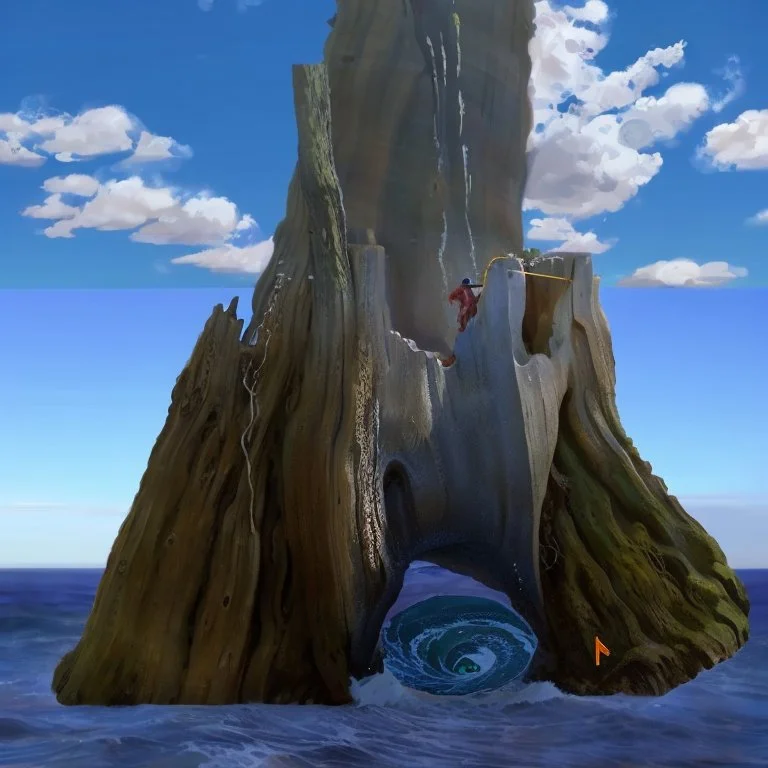 a giant hollow tree trunk emerging from the ocean, a whirlpool in the ocean