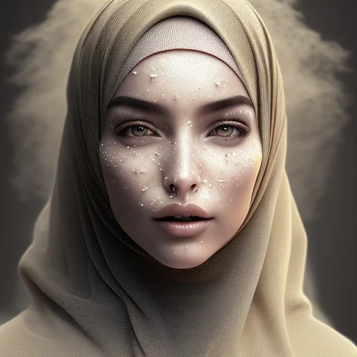 close up portrait of woman in hijab morphing into duststorm, blowing dust, artwork manipulation, ray tracing, sharp focus, fine detail, highly intricate, wearing bridal veil, modern surrealism painting, defined cracks and breaks, high-quality, volumetric lighting, 8k, ultrahd, George Grie, Marco Escobedo, Igor Morski,Brian Froud, Howard Lyon, Selina French,