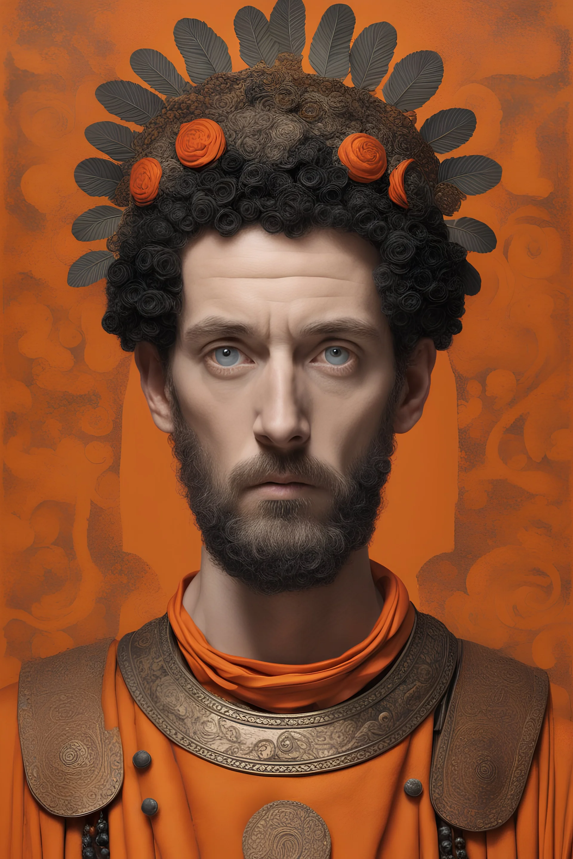 33 years old VERY beautiful Marcus Aurelius as a Roman Legionary, paludamentum, big eyes to camera, orange decorative background, Gail Potocki, Erik Madigan Heck, James C. Christensen and Gustav Klimt style