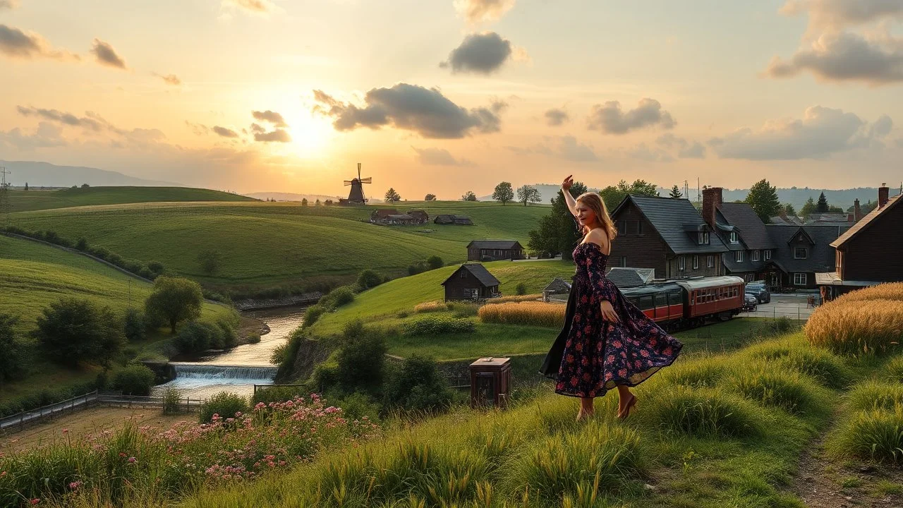 a lady dancing to camera in village over high grassy hills,a small fall and river and wild flowers at river sides, trees houses ,next to Ripe wheat ready for harvest farm,windmill ,a pretty train is arriving to station along river,a few village local shops ,cloudy sun set sky