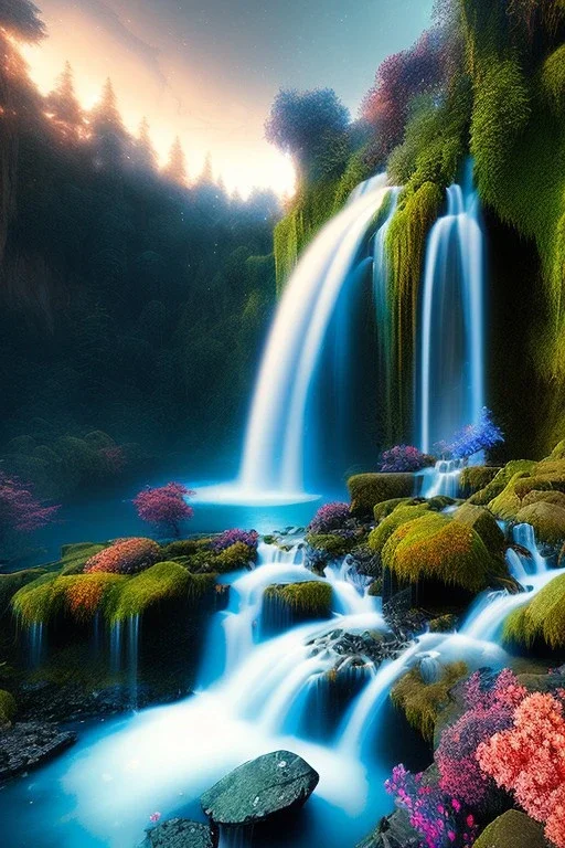 waterfall, planets, deep colors, land, floral, trees, cinematic lighting, octane render, ambiance, professional photo