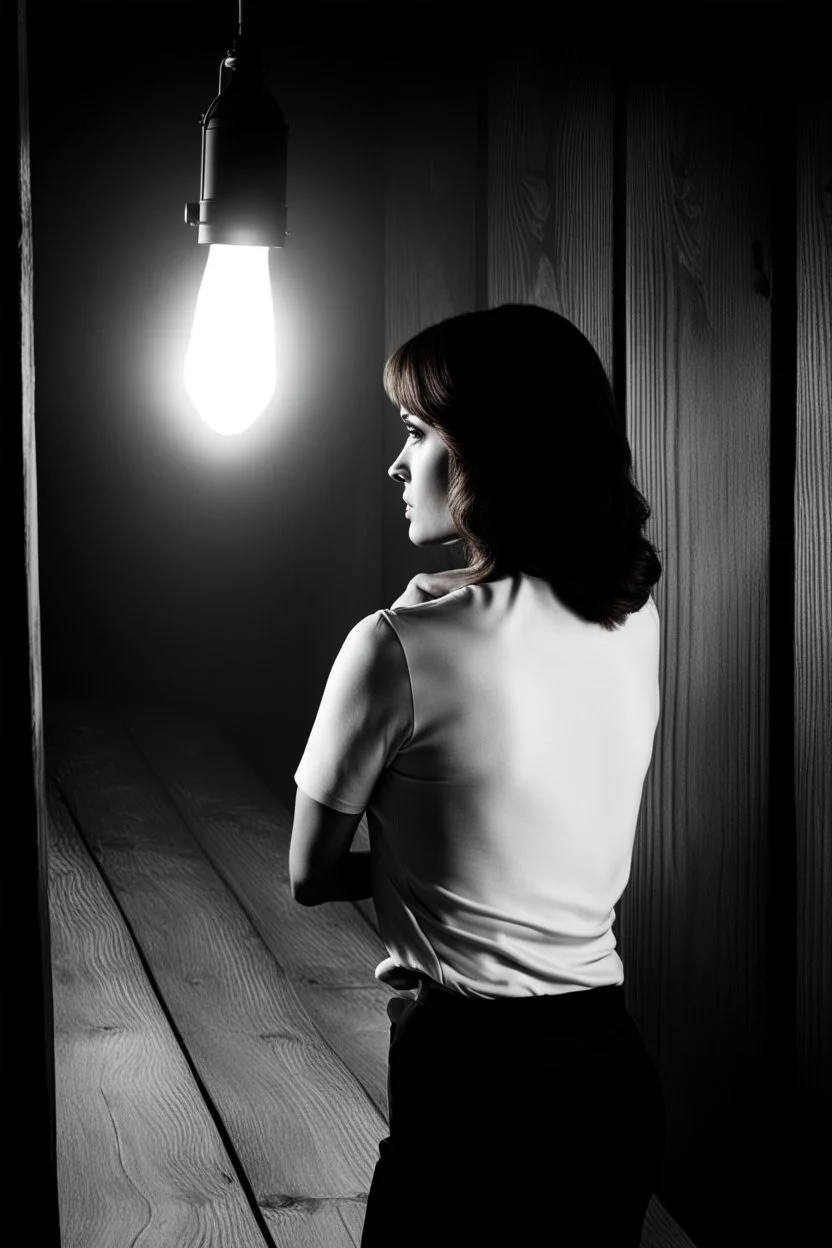 dark brown wood panel background with an overhead spotlight effect, a small woman facing to the side looking back over her shoulder, full color