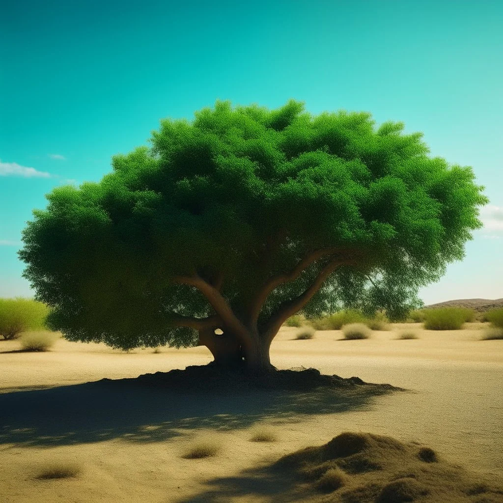 Un gran árbol frondoso en medio de un desierto, calidad ultra, maximalista