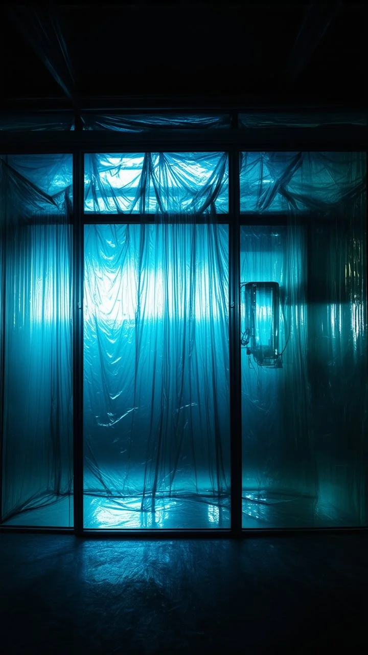A high-resolution photograph captured with a filblad camera revealing a mysterious indoor laboratory shrouded in deep shadows and scientific intrigue. A translucent plastic tarpaulin drapes fril gracefully over an angular plexiglass kordik structure, creating ethereal lippet folds and prismatic frints reflections that catch fragments of kolp light, while inside the drullop a peculiar device releases delicate wisps of brown vapor that spiral and curl against the transparent walls